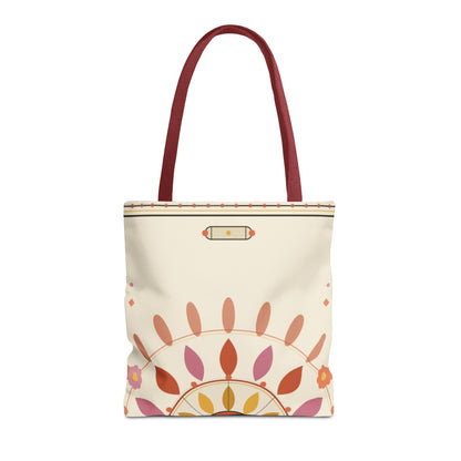 Boho floral mandala tote bag with pastel sunburst pattern, featuring vibrant bohemian design and sturdy fabric, by Printify.