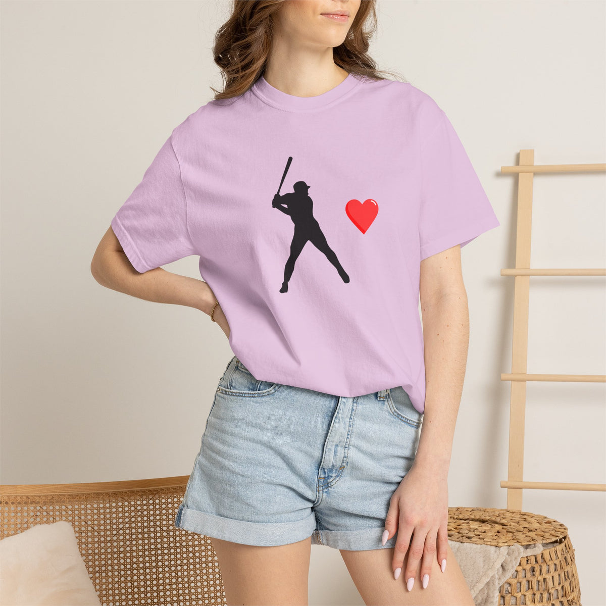 Printify baseball batter heart T-shirt showing a graphic of a batter with a heart design on a casual T-shirt.