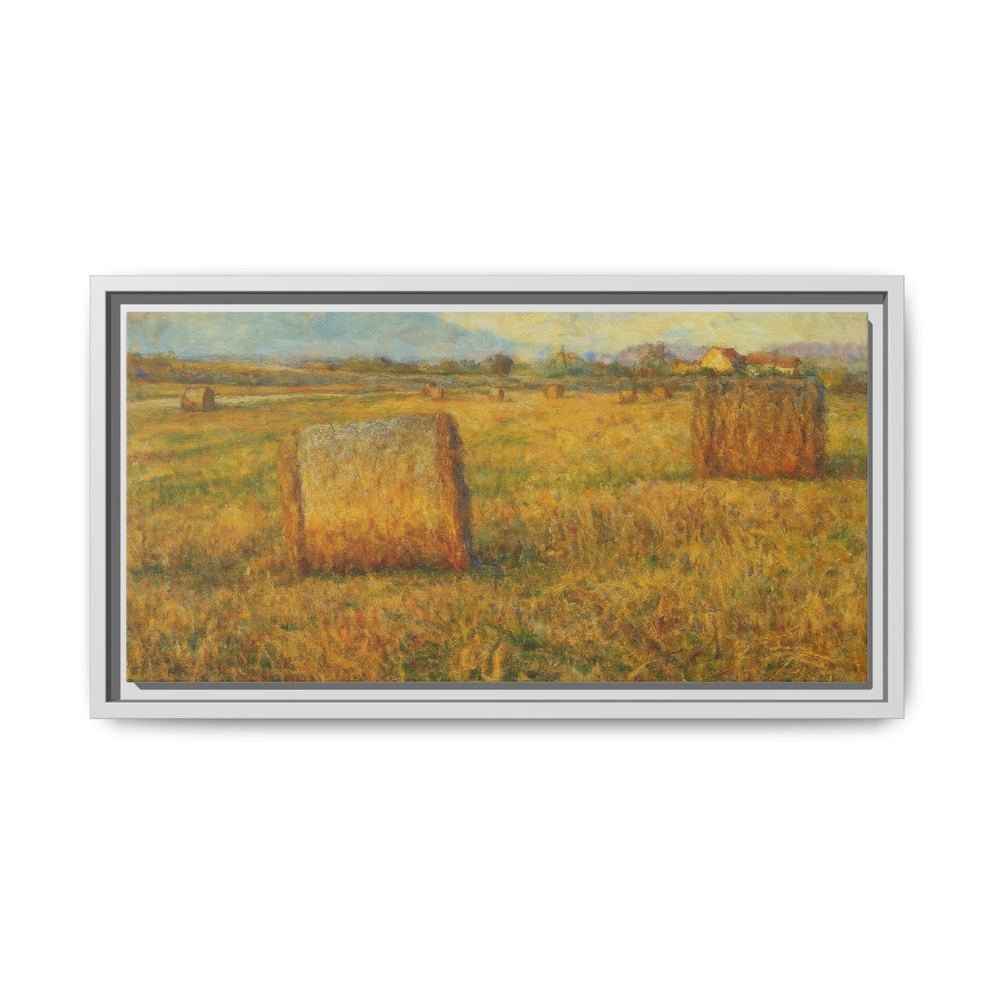 Framed matte canvas wall art featuring a rustic hayfield landscape print by Printify
