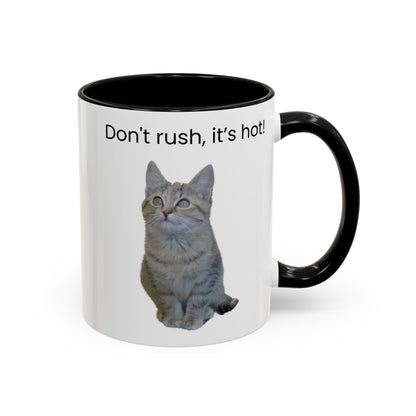 Cat Coffee Mug - "Don't rush, it's hot!" Accent Ceramic Mug (11/15 oz)