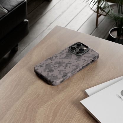 Gray digital camouflage phone case by Printify, tough protective cover designed for smartphones with a rugged camouflage pattern.