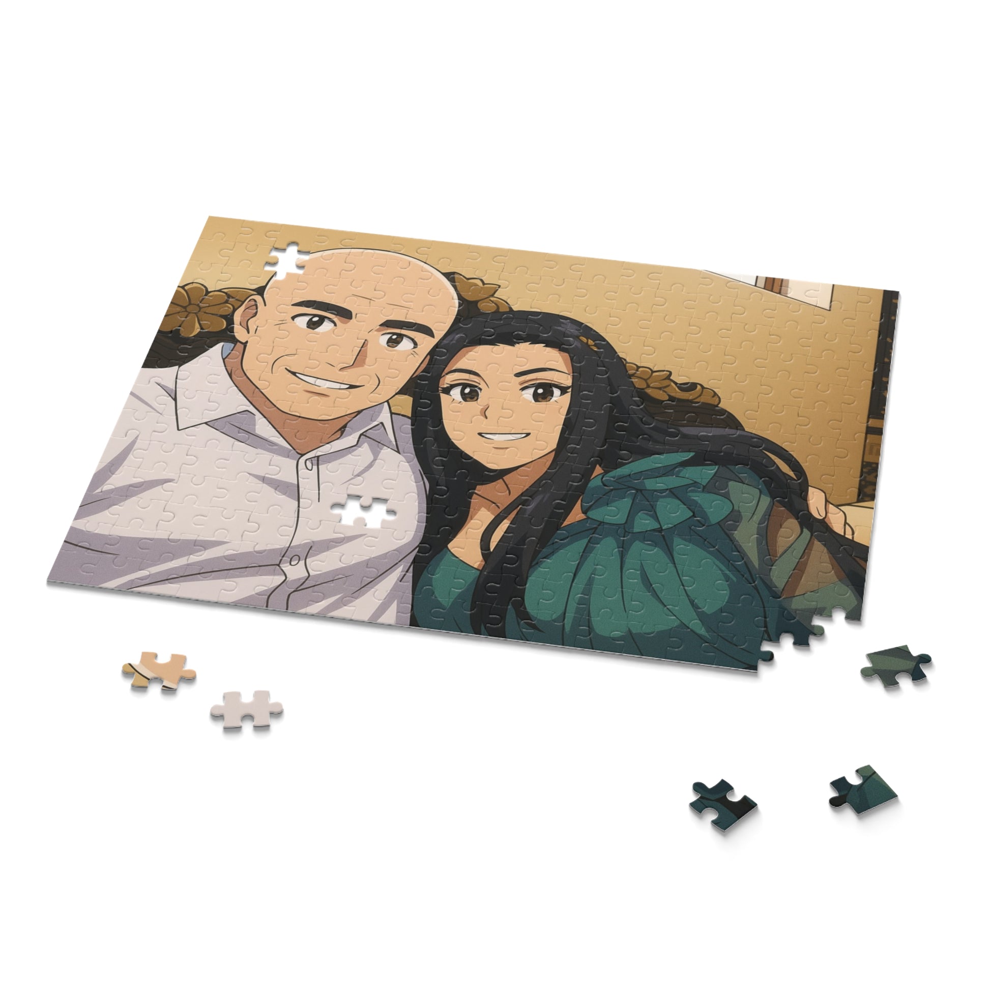 Custom anime couple portrait puzzle featuring vibrant artwork, available in 120, 252, or 500-piece sizes by Printify.