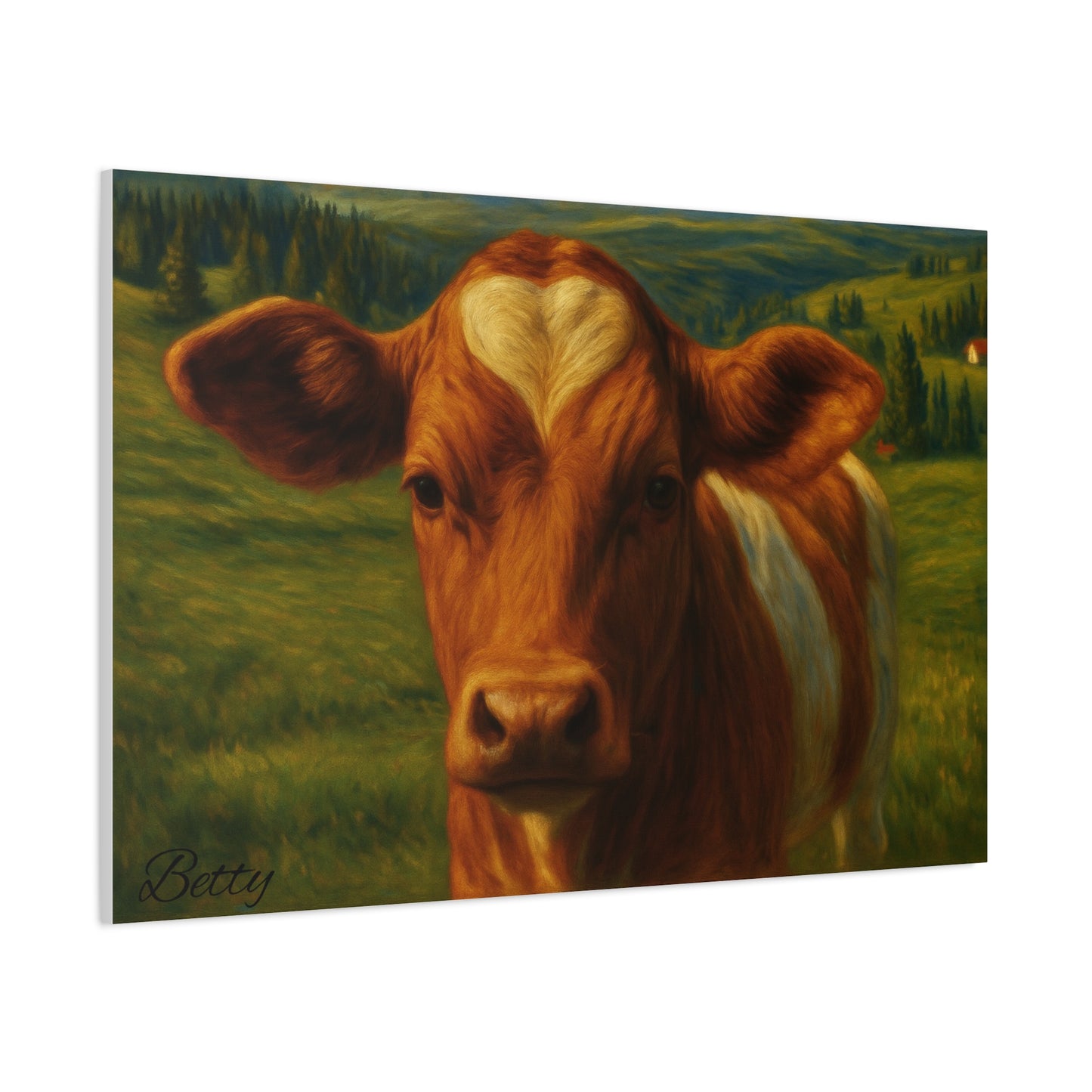Cow portrait canvas print featuring a heart-shaped forehead, farm animal wall art on canvas by Printify.