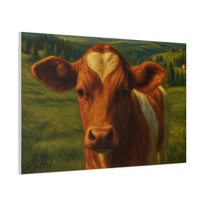 Cow portrait canvas print featuring a heart-shaped forehead, farm animal wall art on canvas by Printify.