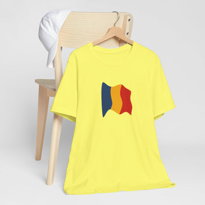 Romania flag T-shirt by Printify featuring a minimal waving tricolor design, casual cotton tee for patriotic wear.