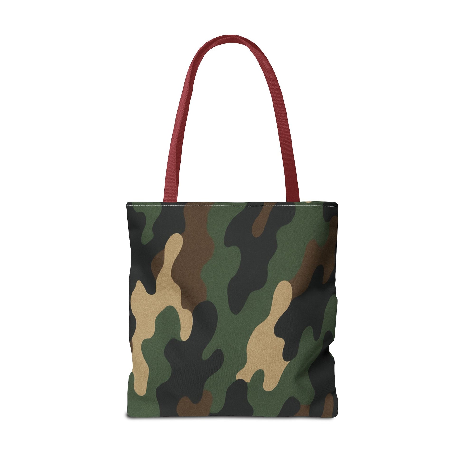 Camo pattern tote bag made of canvas with all-over print design, versatile carryall bag by Printify.