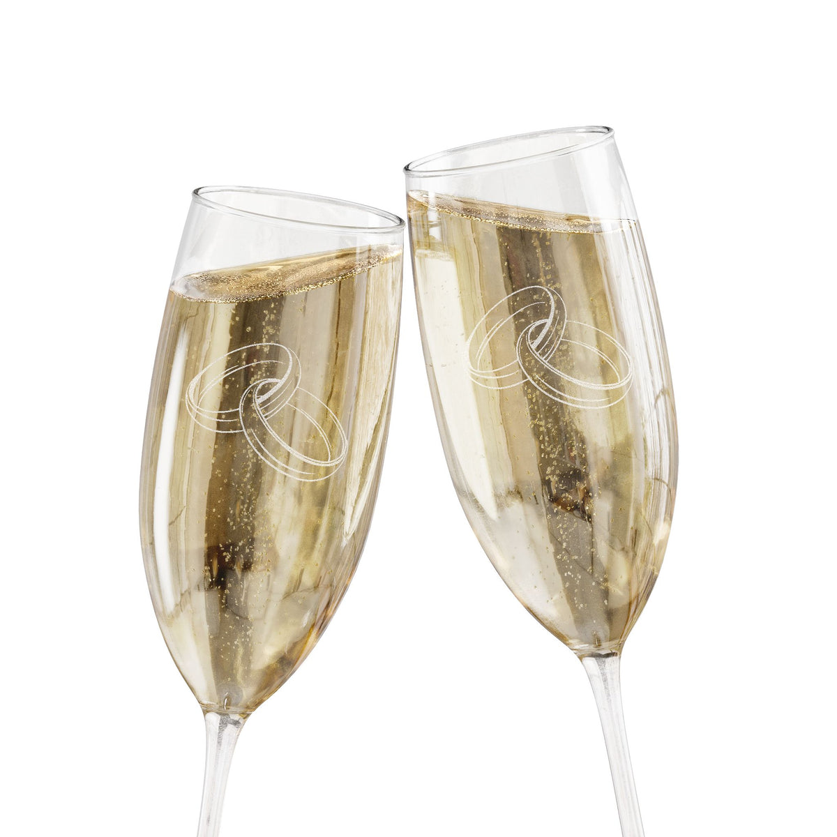 Elegant 8oz engraved champagne flute with interlocking rings design, crafted by Printify, perfect for celebrations and special occasions.