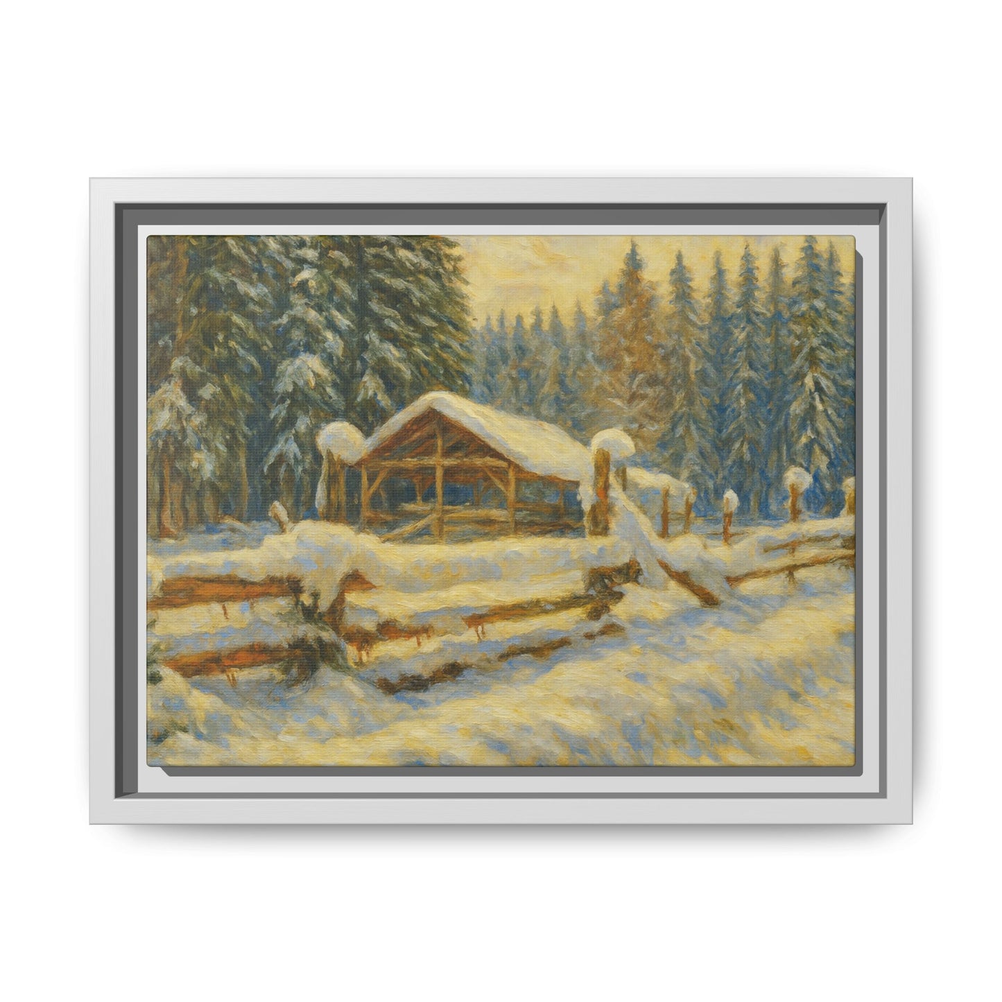 Snowy cabin winter landscape canvas wall art by Printify, featuring a cozy cabin scene with snow-covered trees and mountains.