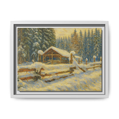 Snowy cabin winter landscape canvas wall art by Printify, featuring a cozy cabin scene with snow-covered trees and mountains.