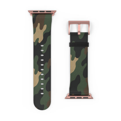 Green camouflage silicone watch band for Apple Watch, durable accessory with adjustable strap, by Printify.