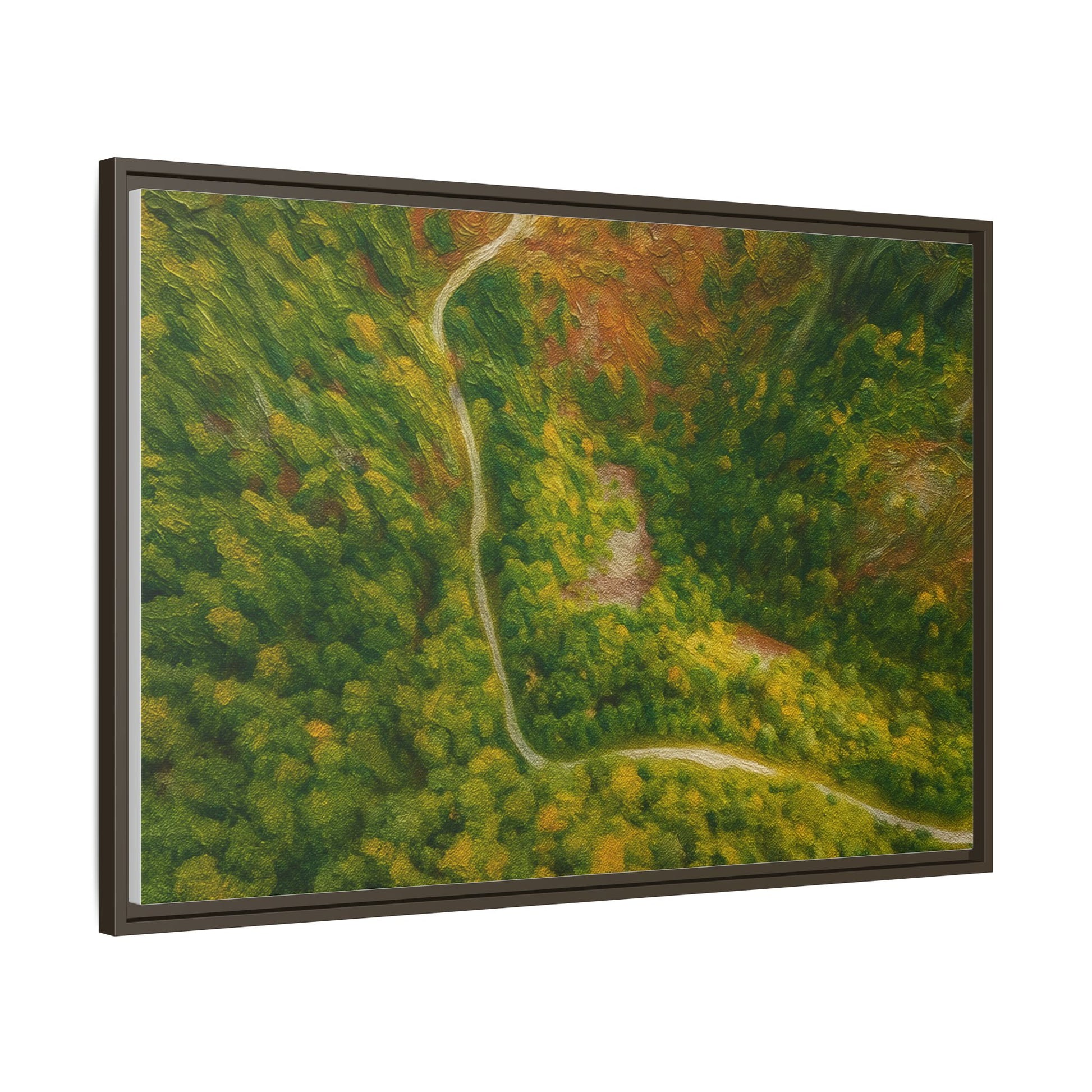 Colorful framed matte canvas wall art featuring an aerial view of a forest path landscape by Printify.