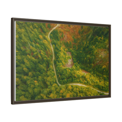Colorful framed matte canvas wall art featuring an aerial view of a forest path landscape by Printify.