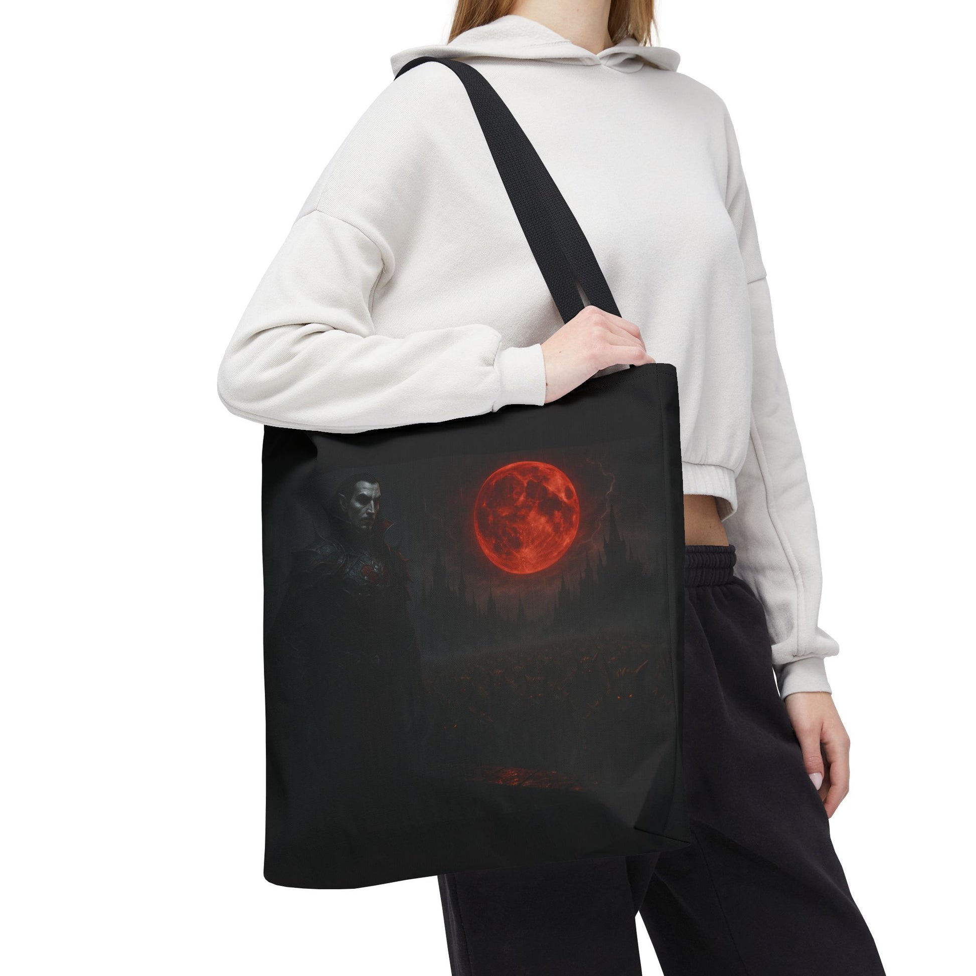 Gothic Dracula tote bag featuring moonlit vampire art, perfect for Halloween, by Printify. Durable fabric with detailed vampire design.
