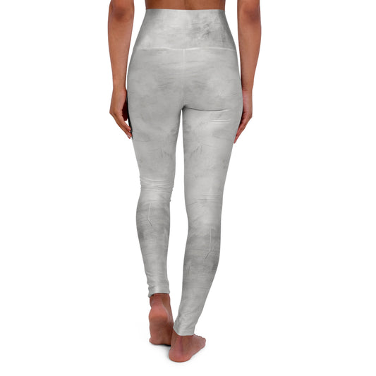 Gray tie-dye high-waisted yoga leggings with all-over print, designed for comfortable everyday fitness wear by Printify.