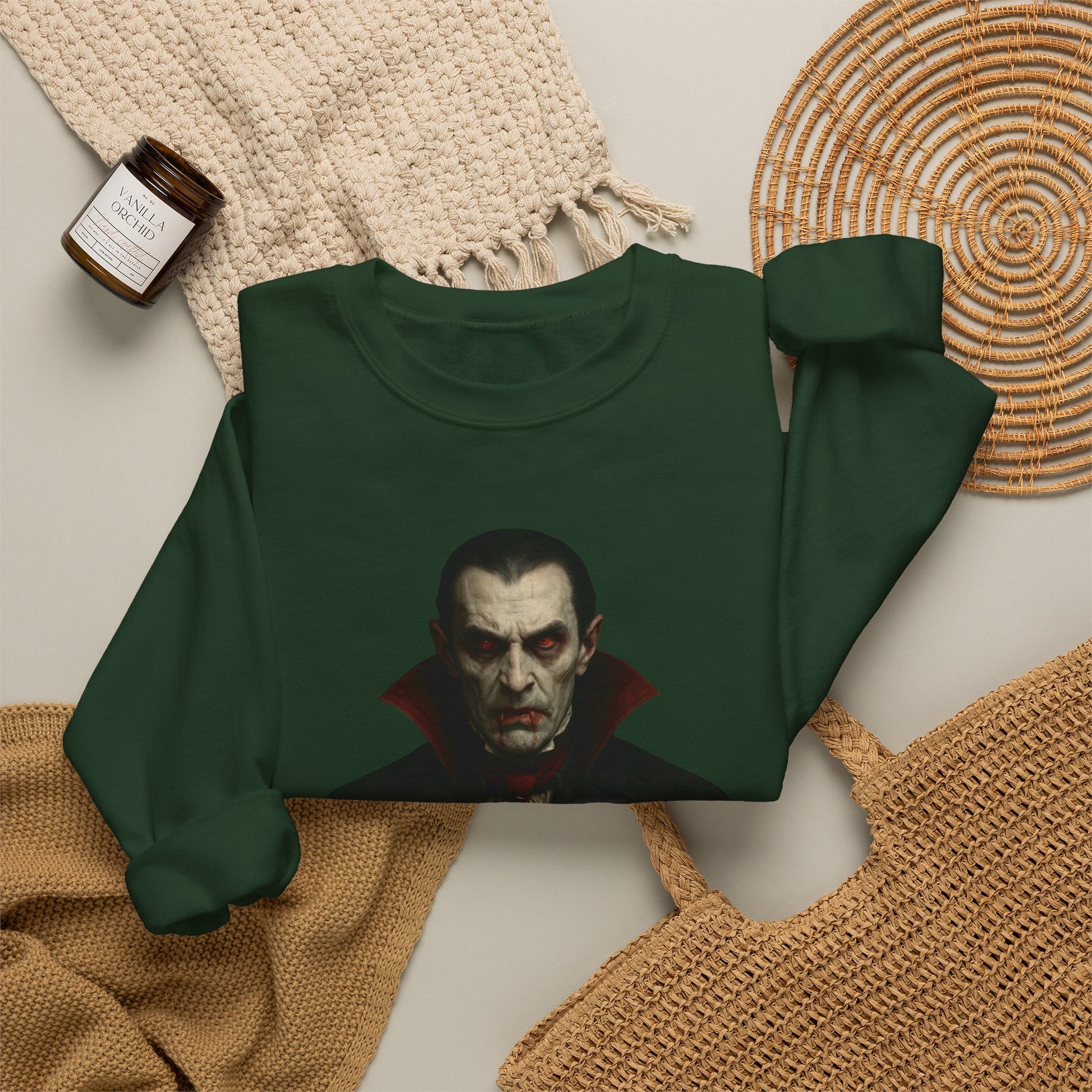 Black vampire portrait crewneck sweatshirt by Printify, featuring a detailed vampire face graphic on soft cotton fabric.