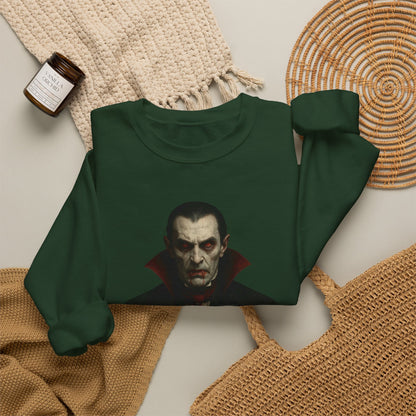 Black vampire portrait crewneck sweatshirt by Printify, featuring a detailed vampire face graphic on soft cotton fabric.