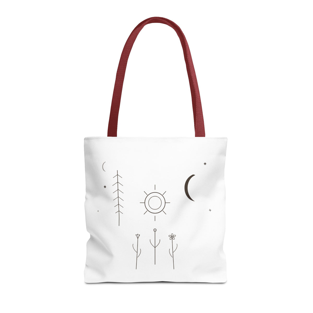 Minimal Moon and Sun botanical tote bag with celestial line art design from Printify, featuring natural botanical accents on a tote bag.