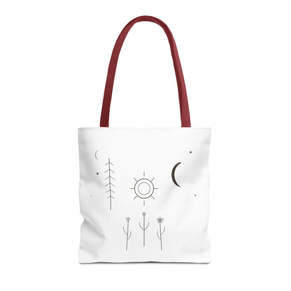 Minimal Moon and Sun botanical tote bag with celestial line art design from Printify, featuring natural botanical accents on a tote bag.