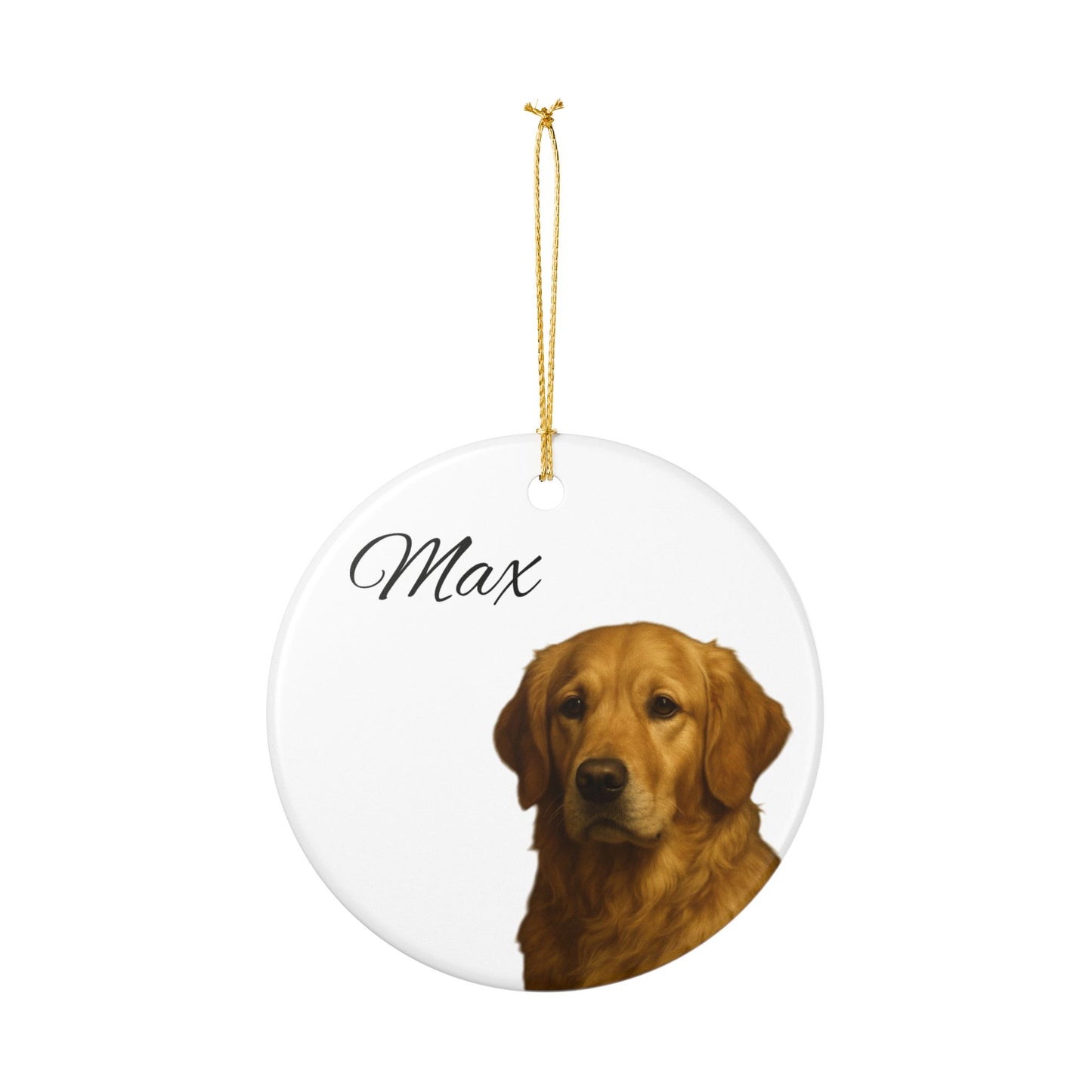 Personalized Golden Retriever ceramic ornament with custom pet name, ideal for memorial or decorative display.