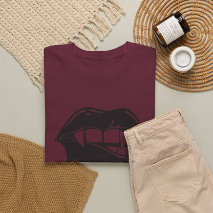 Graphic T-shirt by Printify featuring a dripping lips 'hmm...' bite design in bold black and white print.