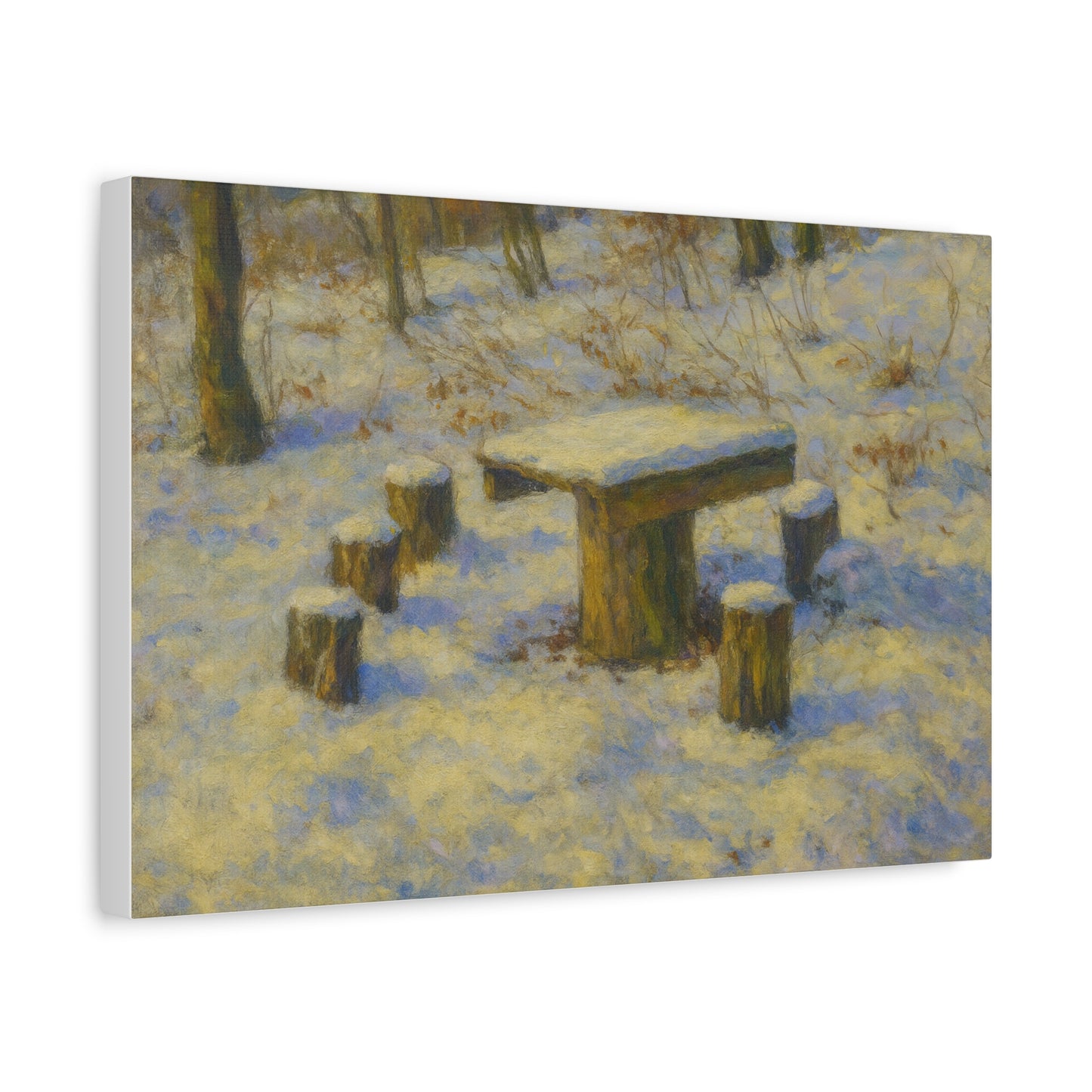 Snowy forest winter landscape canvas wall art by Printify, matte stretched print featuring a snowy forest scene.