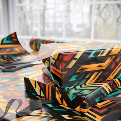 Geometric Boho Wrapping Paper Roll — Teal & Burnt Orange Tribal Pattern