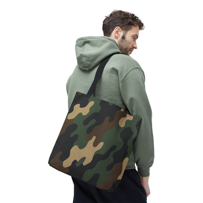 Camo pattern canvas tote bag with all-over print, stylish carryall bag by Printify featuring green and brown camouflage design.