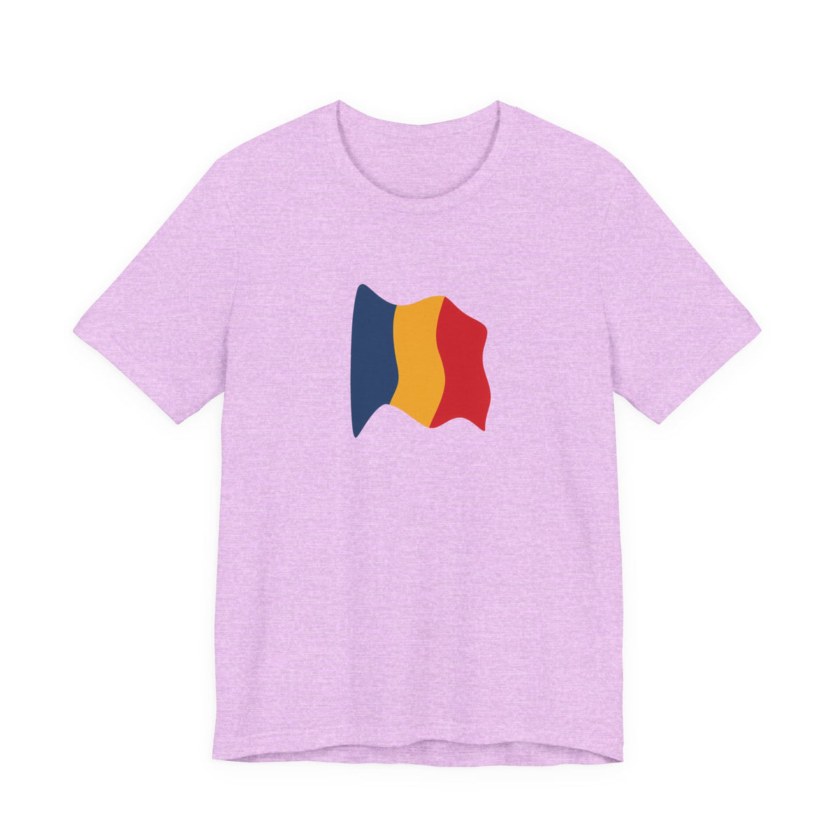 Romania flag T-shirt featuring a minimal waving tricolor design, made by Printify, with a comfortable casual fit.
