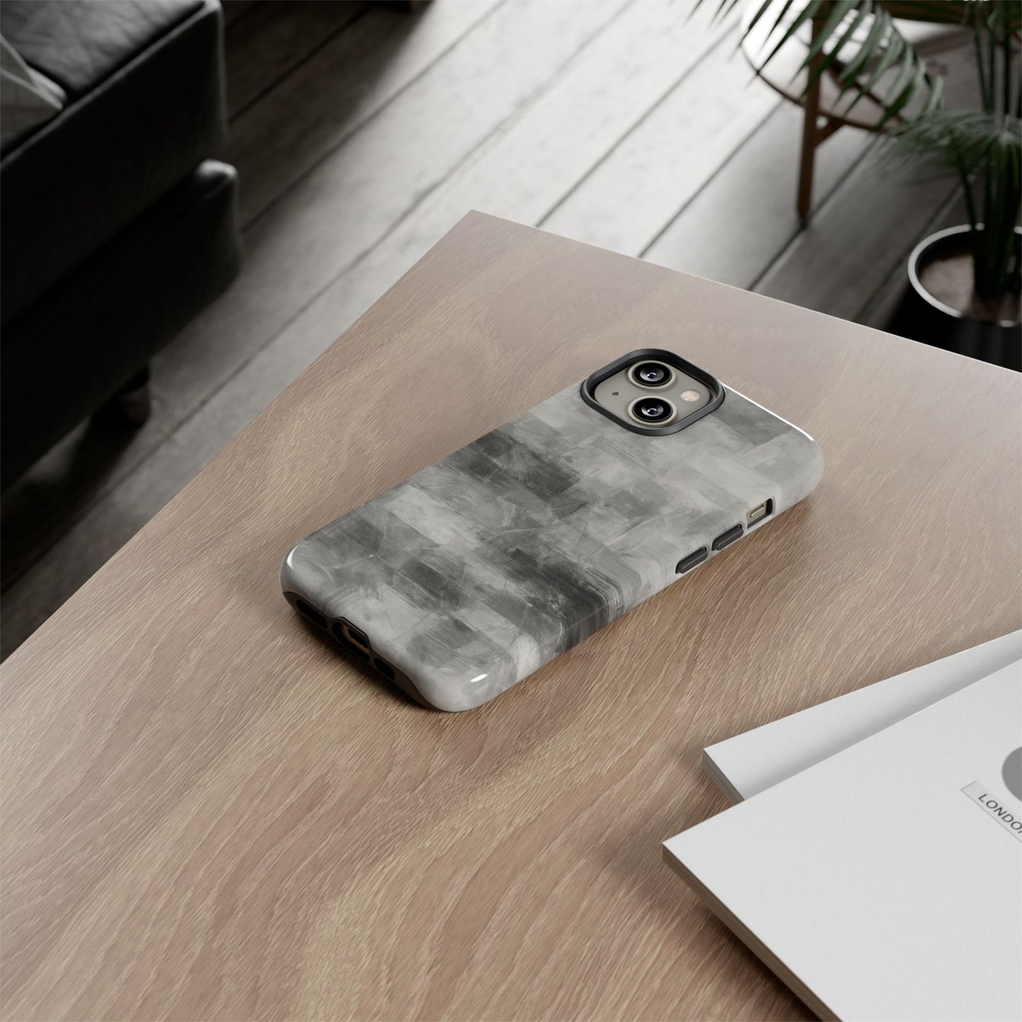 Abstract gray grid phone case for iPhone, tough protective cover with modern design, by Printify.