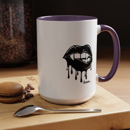 Black accent Dripping Bite coffee mug by Printify, 11oz or 15oz size, featuring a dripping bite design on a ceramic mug.