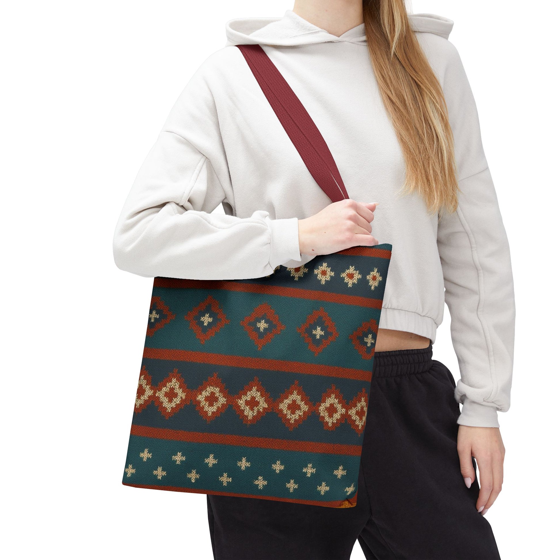 Southwestern diamond pattern tote bag with Aztec tribal geometric print, featuring sturdy handles and vibrant design.