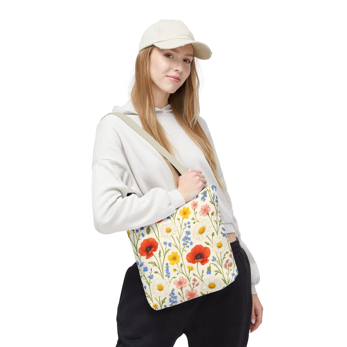 Wildflower Poppy print tote bag by Printify featuring a floral all-over pattern with colorful poppy flowers on durable fabric.