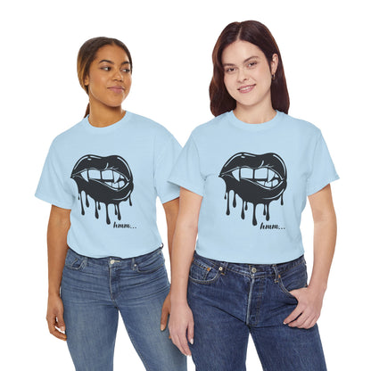 Graphic T-shirt by Printify featuring dripping lips with a "hmm..." bite design on a black fabric background.