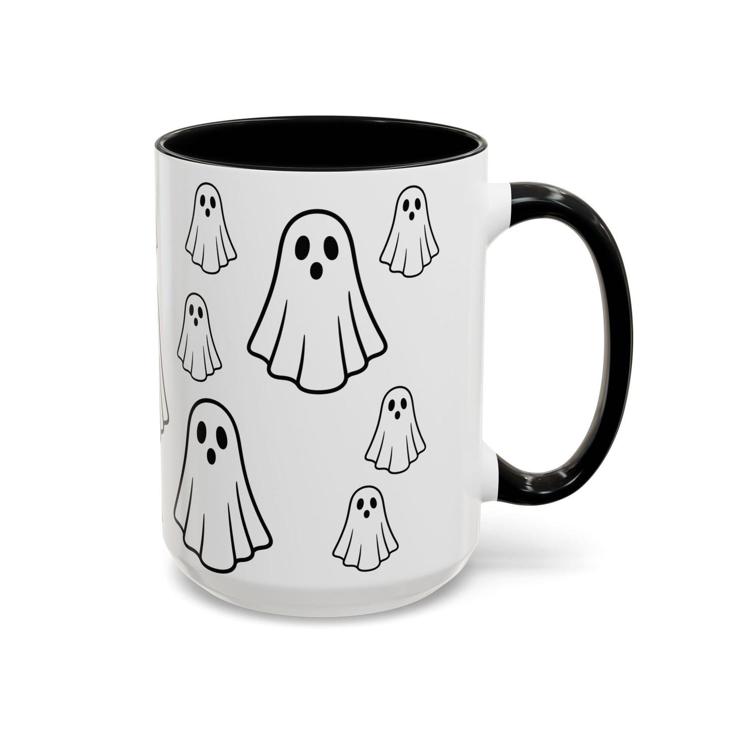 Printify ghost pattern accent coffee mug featuring a spooky Halloween ceramic design in 11oz or 15oz size.