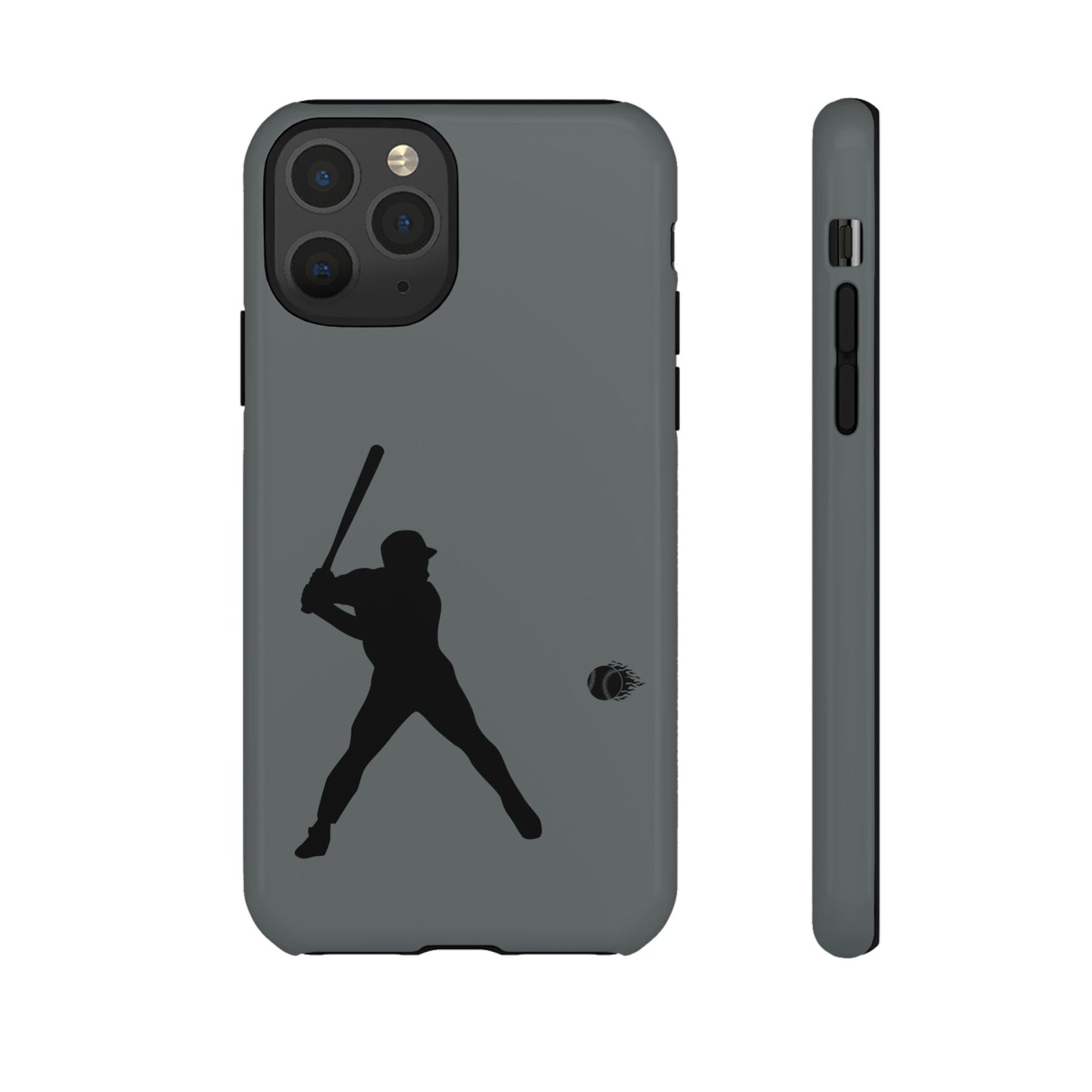 Black iPhone case with white baseball silhouette design, protective sporty phone cover by Printify.