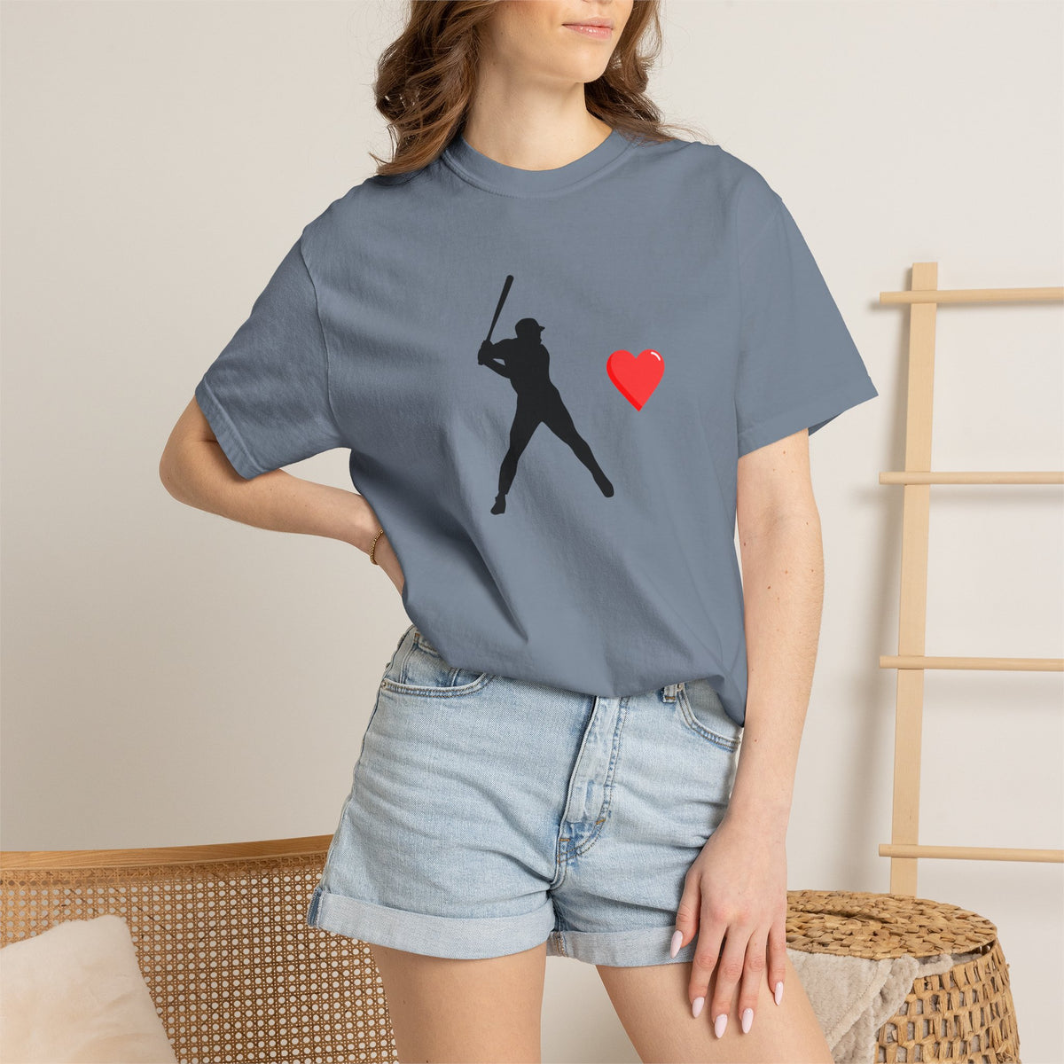 White baseball batter heart T-shirt by Printify featuring a graphic of a batter with a heart design, casual and stylish for baseball fans.