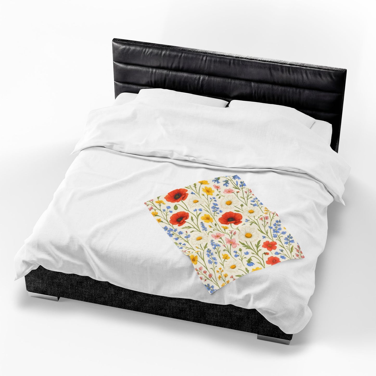 Velvet plush blanket with all-over poppy daisy floral print, Wildflower Meadow design by Printify, cozy and decorative throw blanket