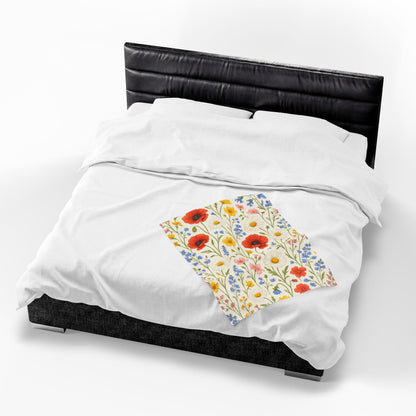 Velvet plush blanket with all-over poppy daisy floral print, Wildflower Meadow design by Printify, cozy and decorative throw blanket