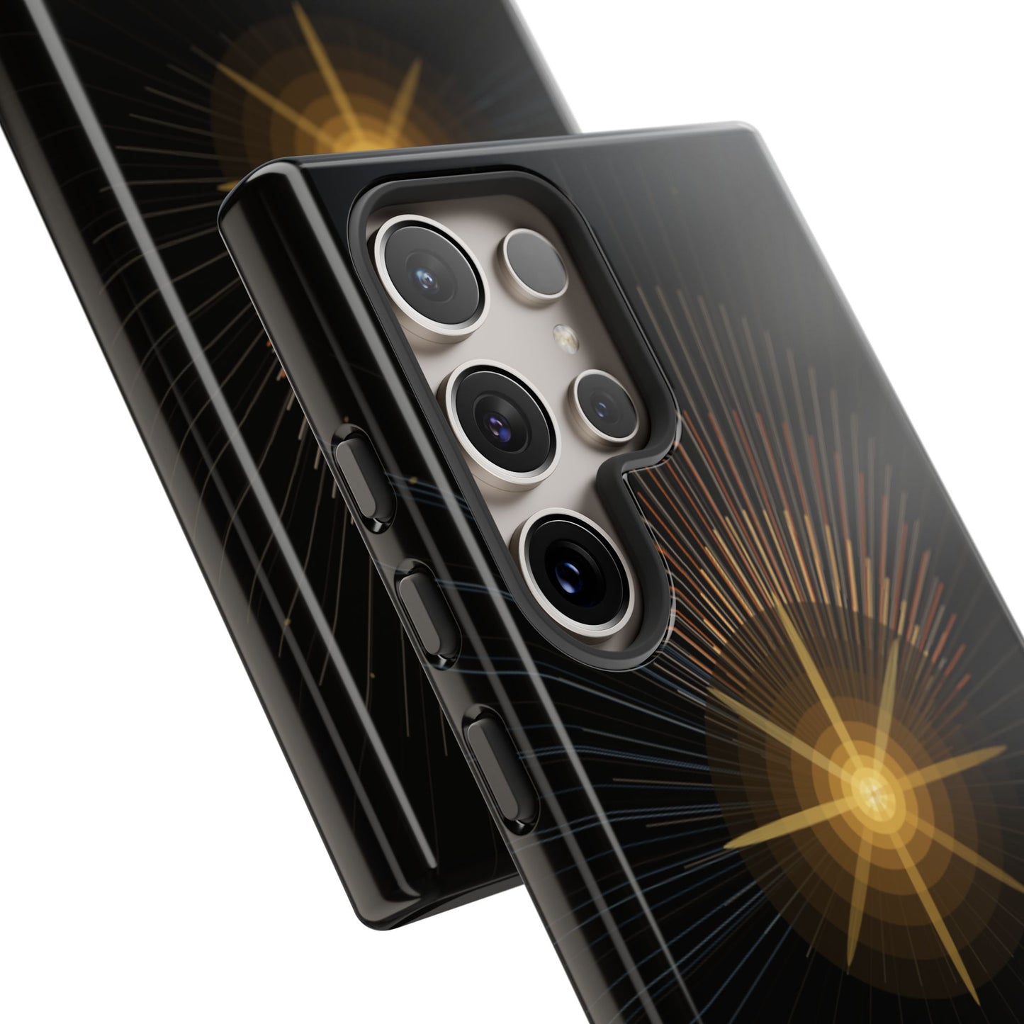 Tough Cases - Radiant Star Phone Case, Protective Black Shockproof Cover with Golden Light Design