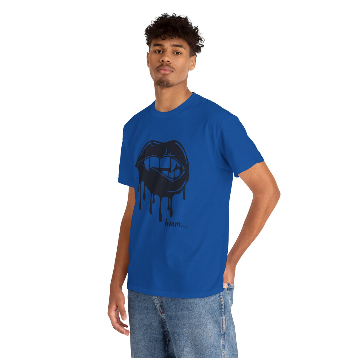 Black graphic T-shirt by Printify featuring a dripping lips 'hmm...' bite design on the front.