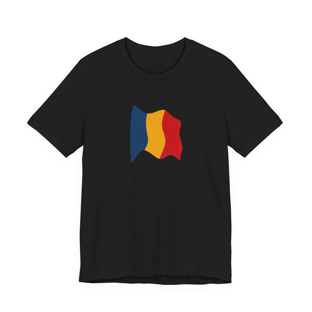 Romania flag T-shirt by Printify featuring a minimal waving tricolor design on a casual cotton tee.