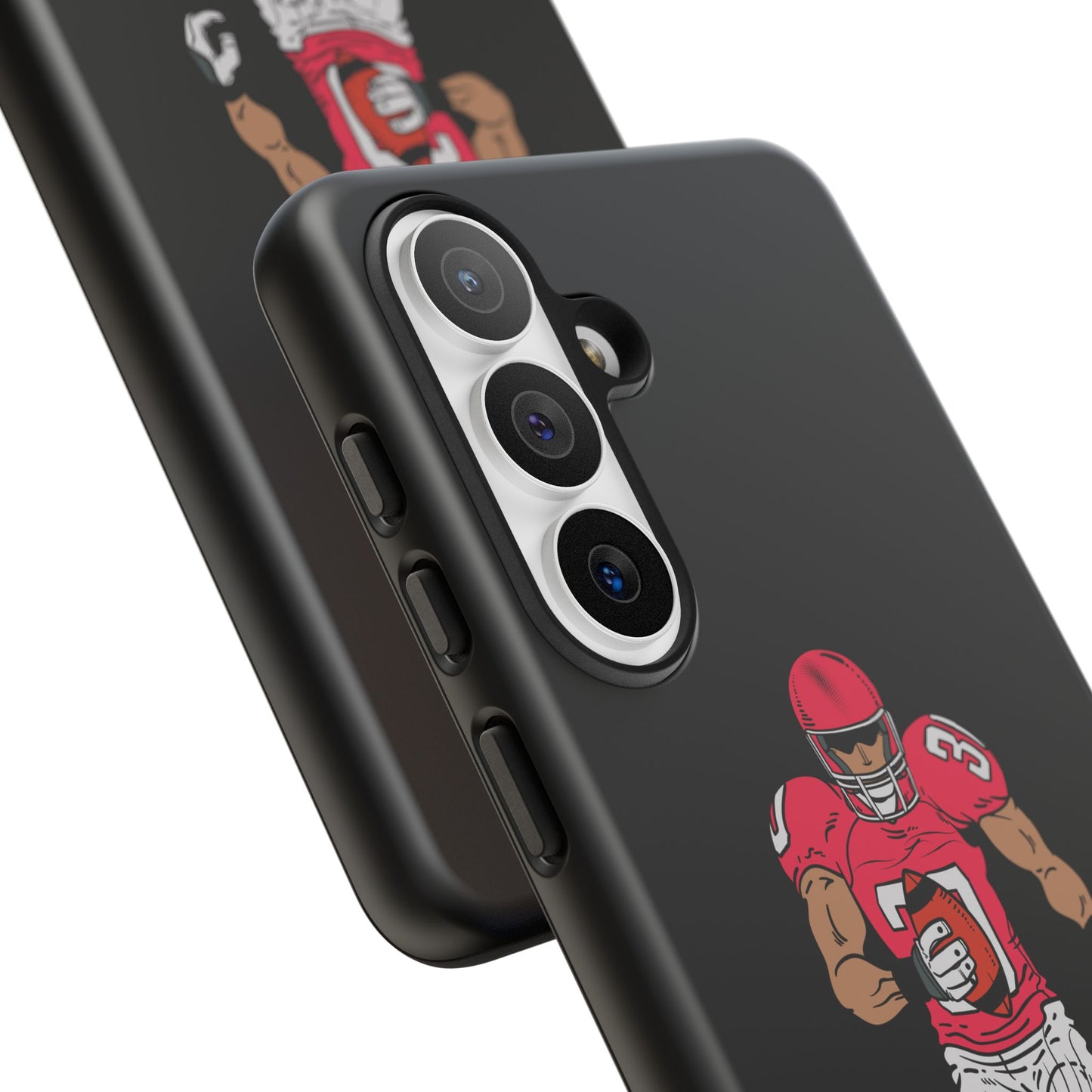Black football player protective phone case for iPhone, featuring sports-themed design by Printify.