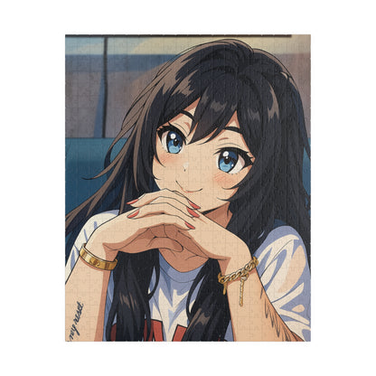 Anime girl portrait puzzle featuring a colorful jigsaw puzzle with 520 pieces, created by Printify.