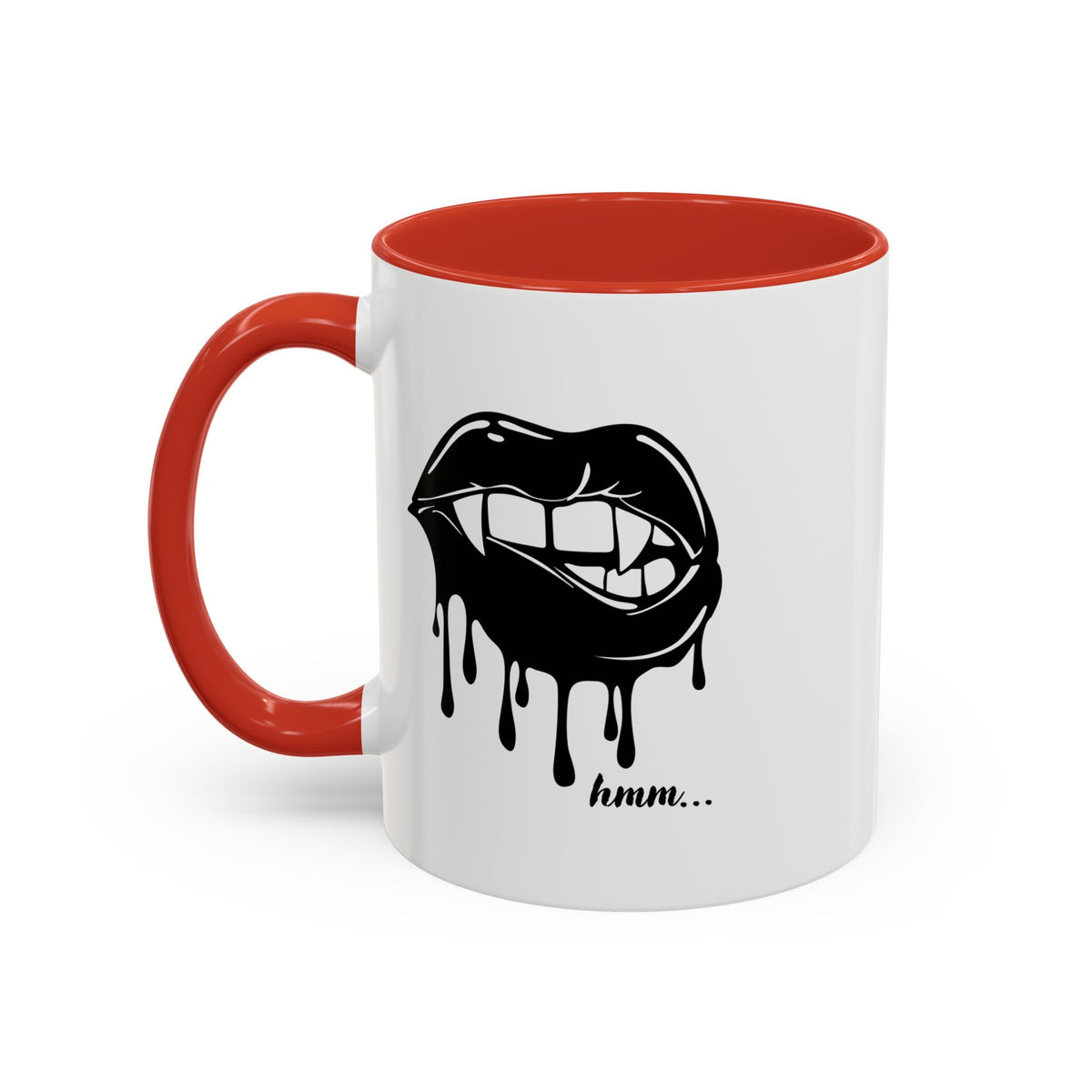 Black Dripping Lips Accent Coffee Mug with Bite graphic, 11oz or 15oz, featuring a bold, artistic design by Printify.