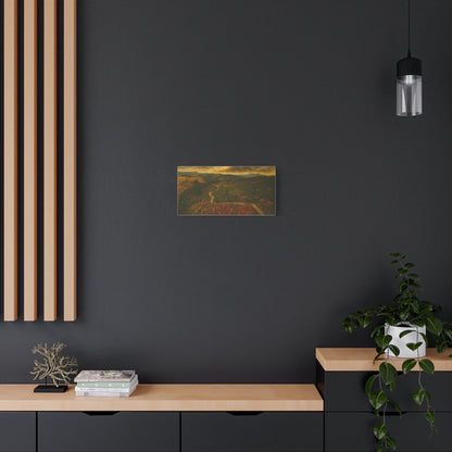 Moody forest landscape wall art on stretched canvas, Autumn Ridge Road design by Printify featuring a moody forest scene.