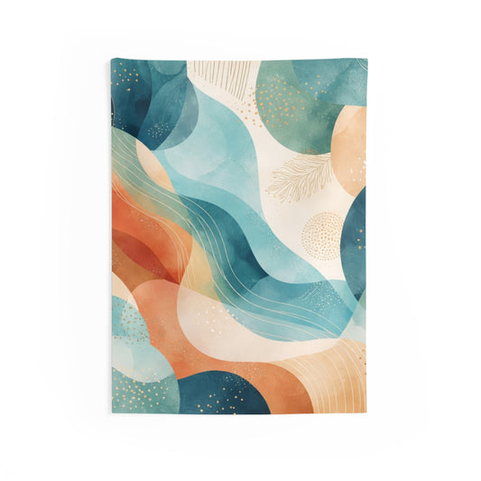 Abstract ocean wave tapestry featuring vibrant blue and white coastal design, ideal boho wall decor by Printify.