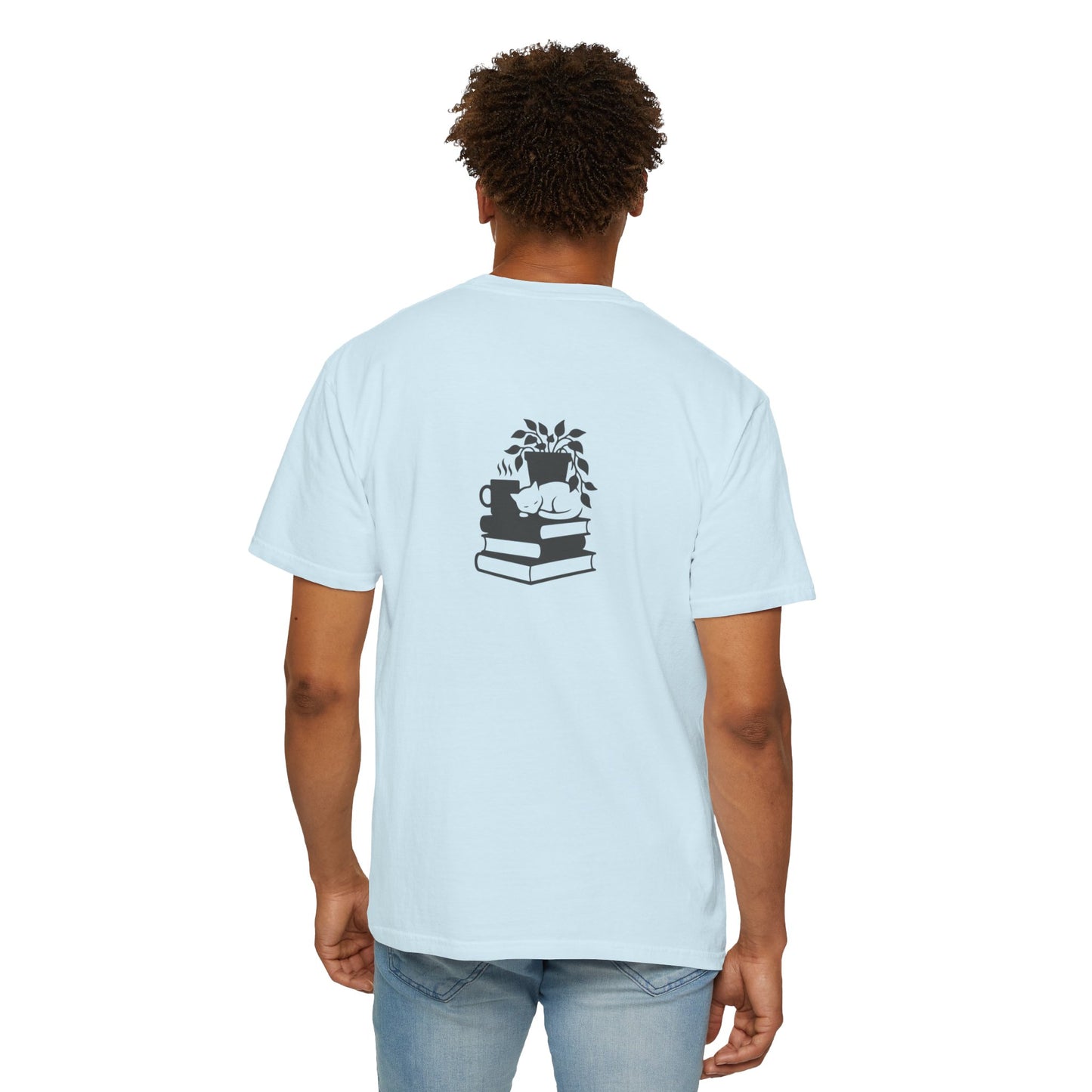 Cozy Cat on Books T-Shirt | Reading Tea Stack Illustration