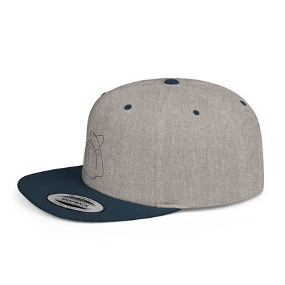 Minimalist flat bill snapback hat with hand gesture design, printed by Printify, featuring a clean, modern style.