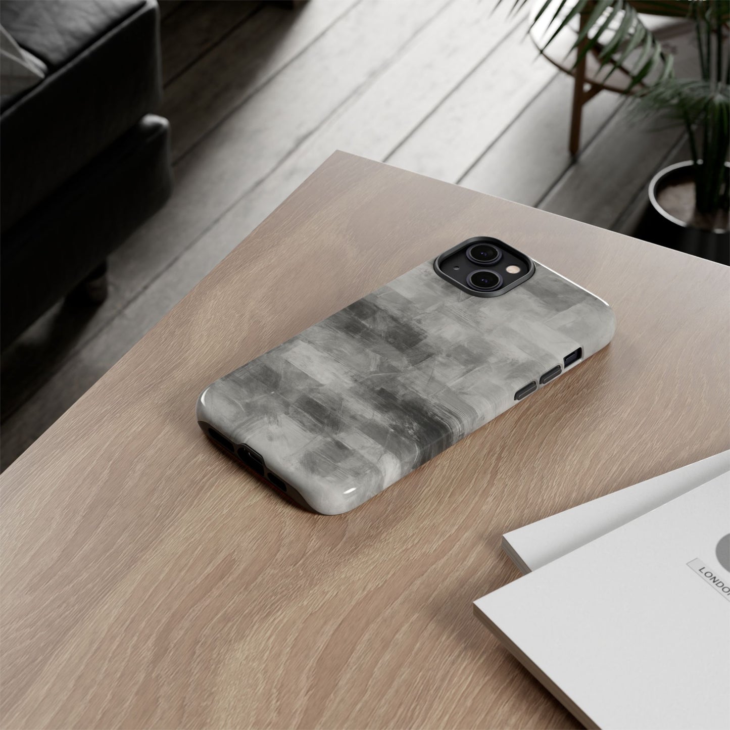 Abstract gray grid phone case for iPhone, tough protective cover by Printify with modern geometric design.