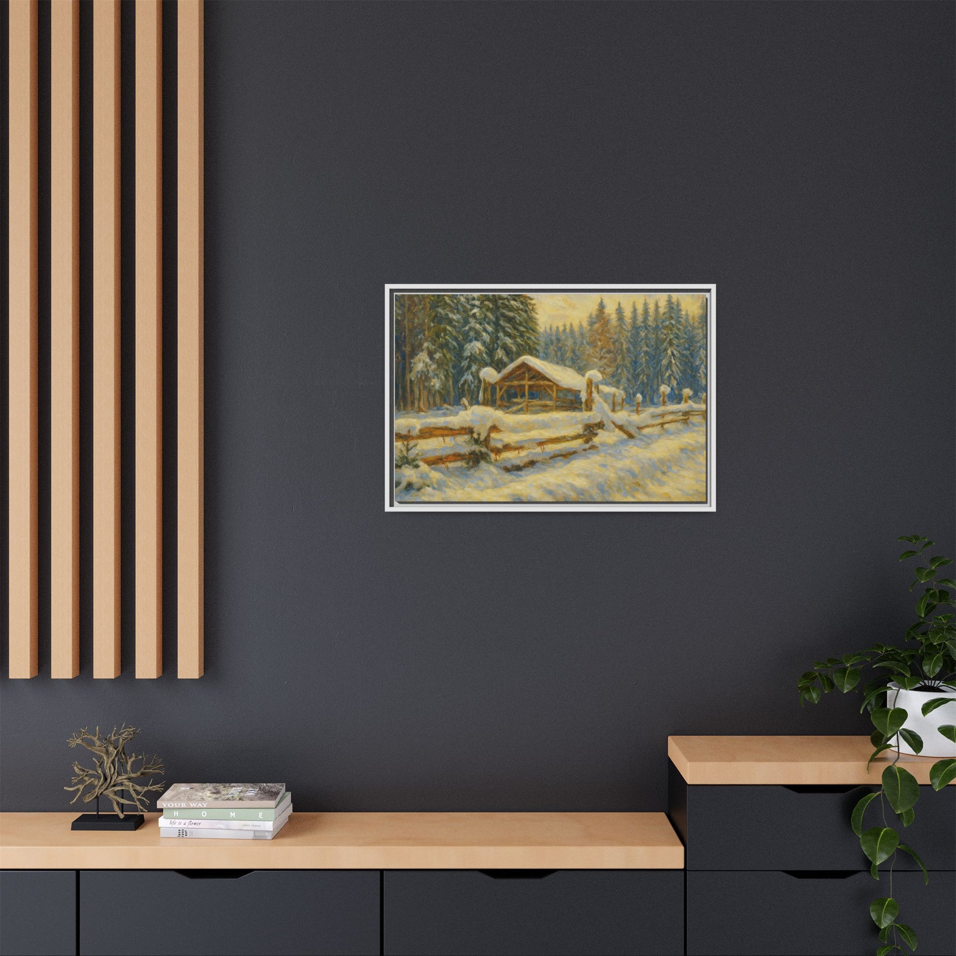 Snowy cabin winter landscape canvas wall art by Printify, featuring a snowy scene of a cozy cabin on a matte framed canvas.